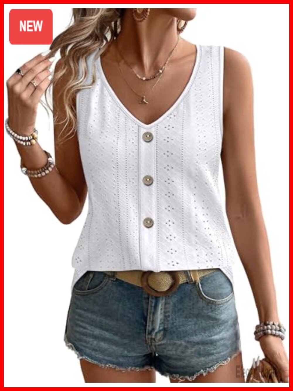 Womens Loose Eyelet V Neck Sleeveless Tank Top Casual Summer Basic Shirt